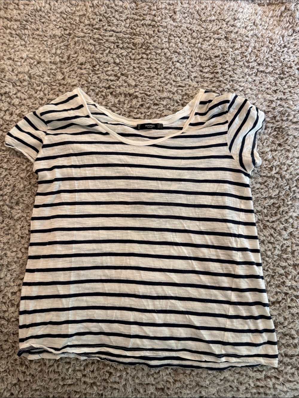 Mango White and Navy Striped Scoop-Neck Tee